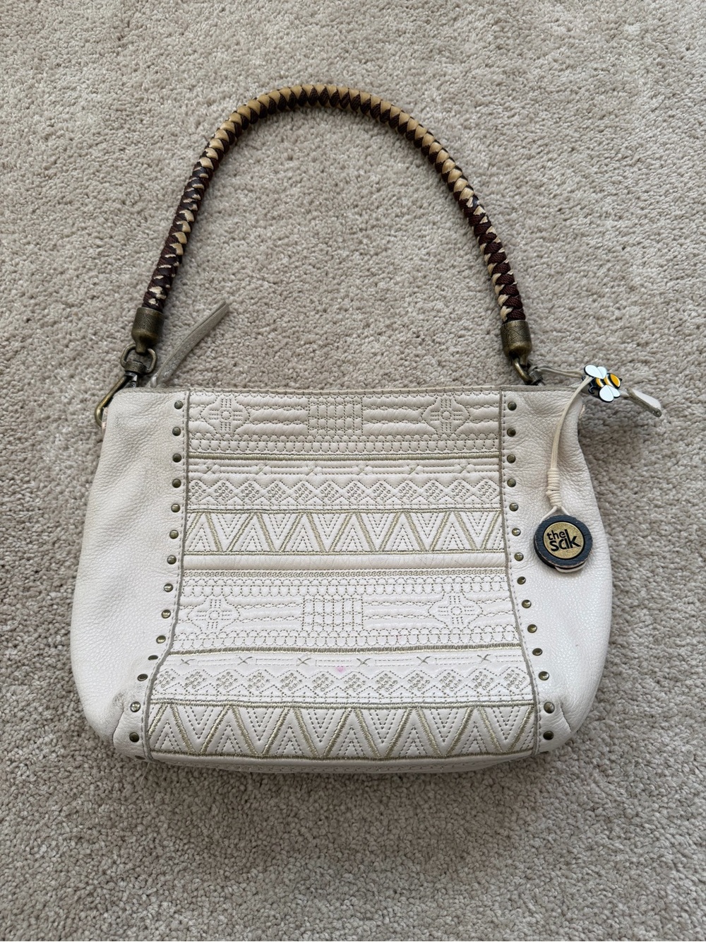 Sak Leather off white woven leather shoulder bag geometric embossed